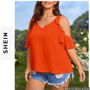 (NWT) SHEIN LUNE plus size Cold Shoulder Ruffle Trim orange Blouse size 1XL